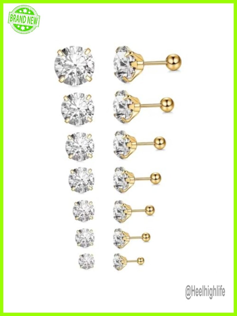 7 Pairs CZ Flatback Stud Earrings Stainless Steel 2-8mm Set